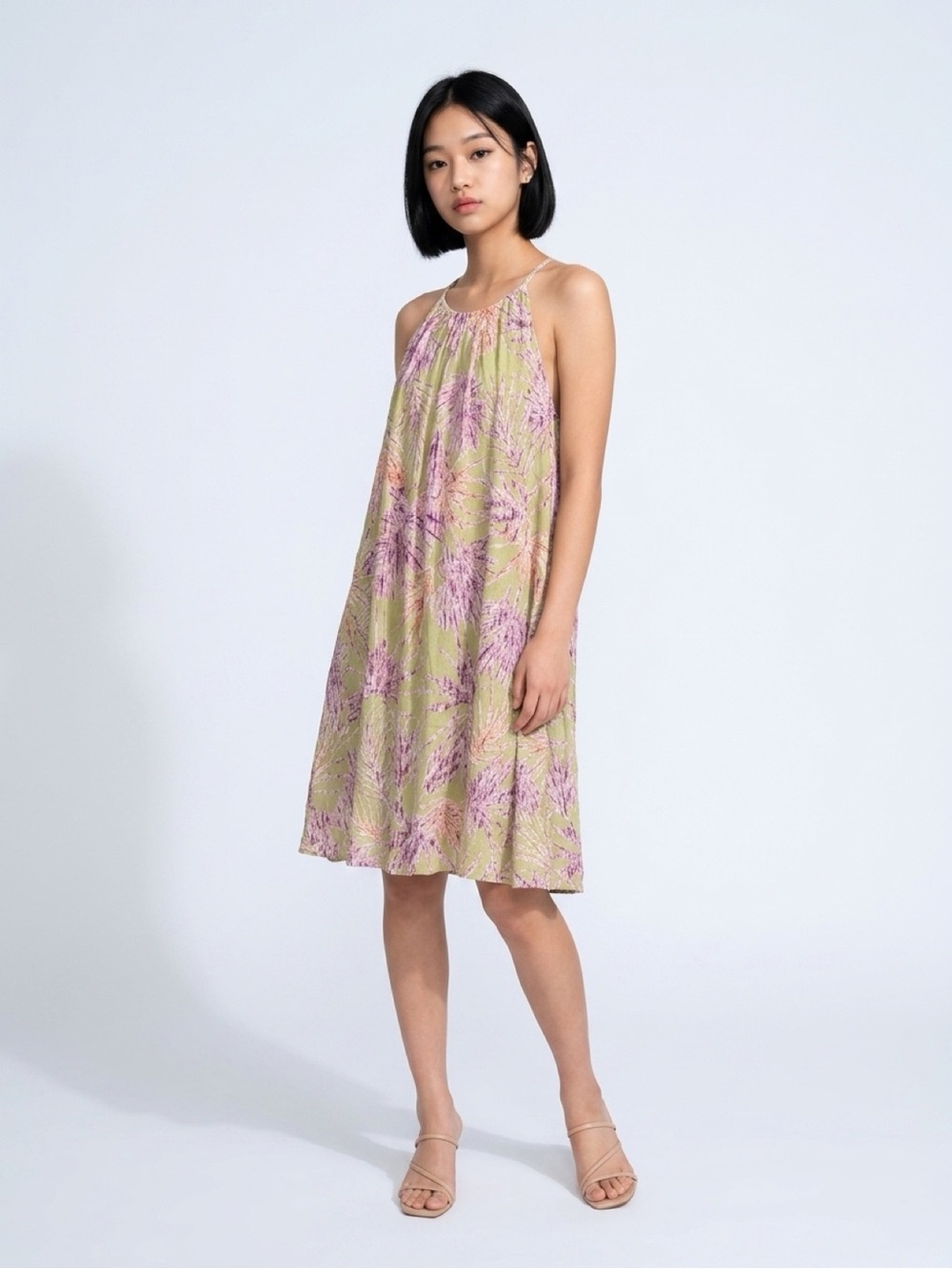 Staccato Green/Pink Floral Shift Dress Halter Neck Pleated Strappy Sleeveless S